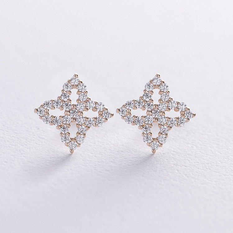 Сережки - пусети "Конюшина" з фіанітами (жовте золото) с08621 від ювелірного магазину Онікс