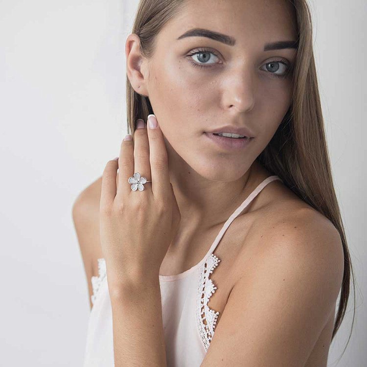 Золота каблучка "Квіточка" з фіанітами к03312 від ювелірного магазину Онікс - 4