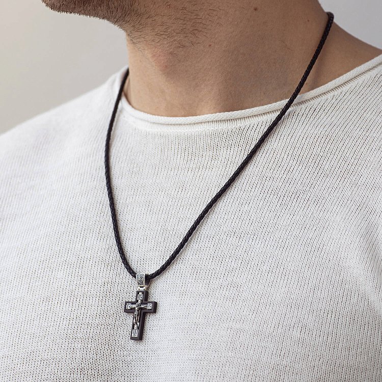 Серебряный крест "Распятие. Спаси и Сохрани" (на укр. языке) с эбеновым деревом mini 1340 от ювелирного магазина Оникс - 1