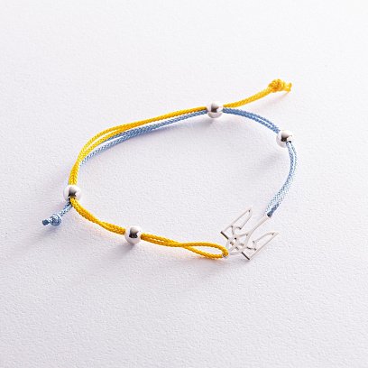 Срібний браслет "Герб України - Тризуб" (блакитна та жовта нитка) 312/2т