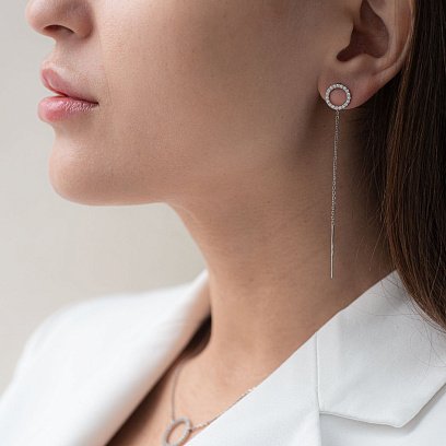 Срібні сережки - протяжки "Кругообіг" з фіанітами 122906 №5