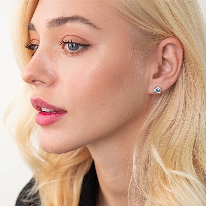 Серебряные серьги - пусеты с топазами "Лондон голубой" и фианитами 2112/9р-TLB №7