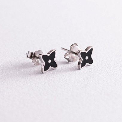 Срібні сережки - пусети "Конюшина" (чорна емаль) 123047 №3