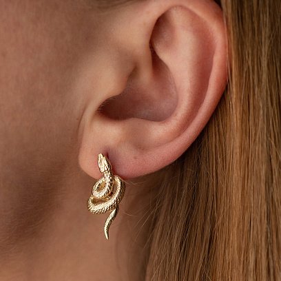 Серьги "Змеи" в желтом золоте (белые фианиты) с08469
