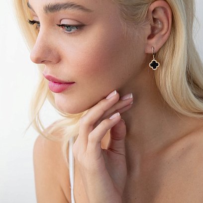 Сережки "Конюшина" в жовтому золоті (онікс) с07645 №2