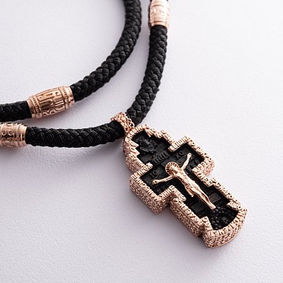 Чоловічий православний хрест "Розп'яття. Спаси та Збережи" з ебенового дерева та золота на шнурі кол02135