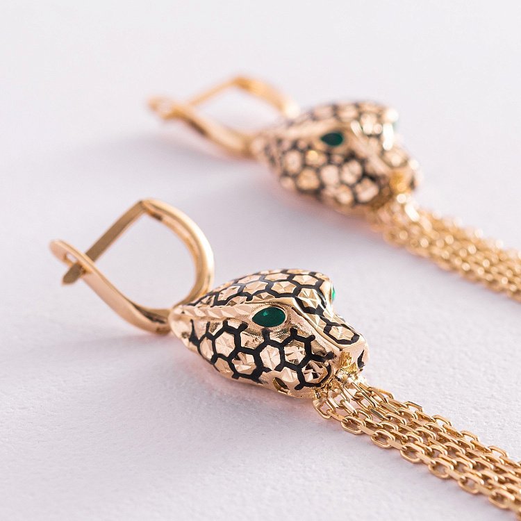 Золотые серьги "Пантеры" (эмаль, фианиты) с07711 от ювелирного магазина Оникс - 4