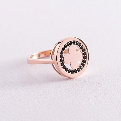 Каблучка "Конюшина" в червоному золоті (чорні фіаніти) к06944