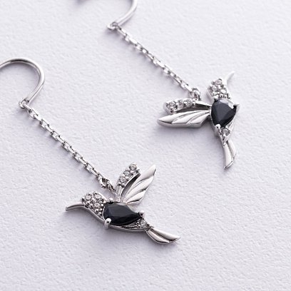 Серебряные серьги - протяжки "Колибри" (фианиты, сапфиры) GS-02-189-3110 №2