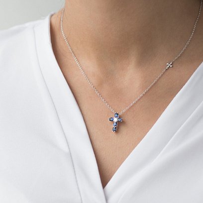 Золоте кольє з хрестиком (сапфіри, діаманти) колб0042lg №2