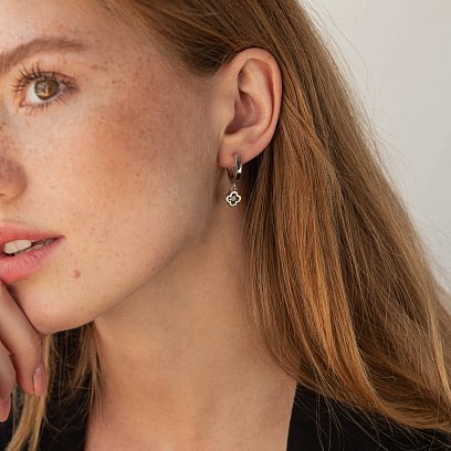 Срібні сережки - кільця "Конюшина" (чорні фіаніти) OR124010ч №5