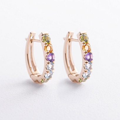 Золотые серьги с дорожкой разноцветных натуральных камней с09721