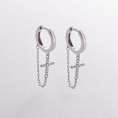 Серебряные серьги "Крестики с цепочками" (фианиты) OR133010