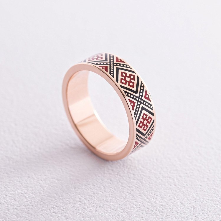 Золотое обручальное кольцо "Вышиванка" с эмалью 229732400 от ювелирного магазина Оникс - 2