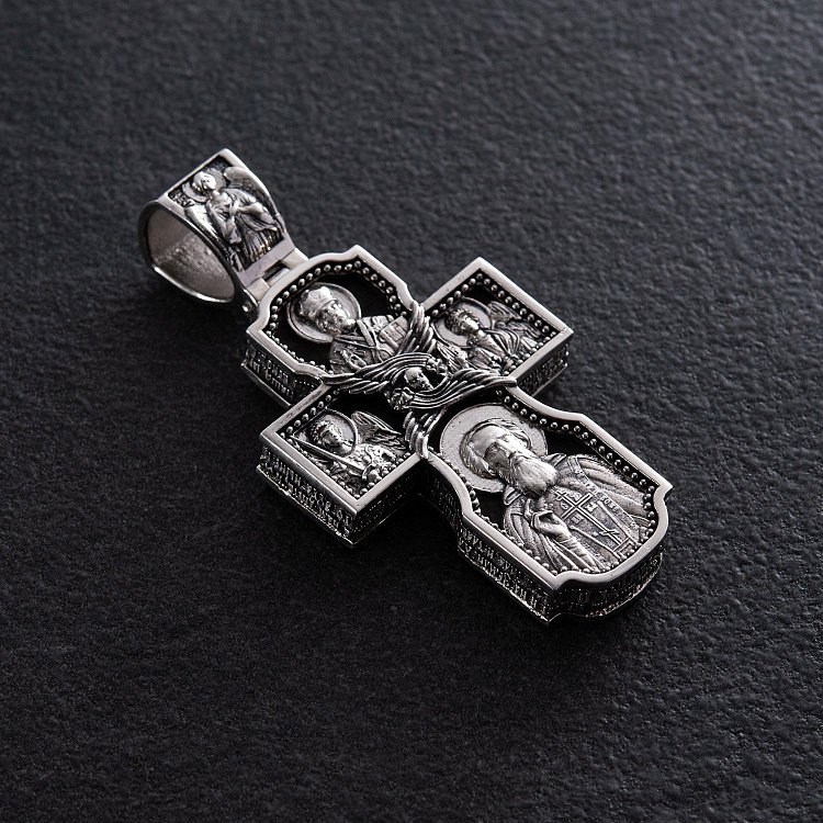 Серебряный крест "Господь. Архангелы Михаил и Гавриил. Ангел Хранитель. Святитель Николай. Сергий Радонежский" с эбеновым деревом 980 от ювелирного магазина Оникс - 6