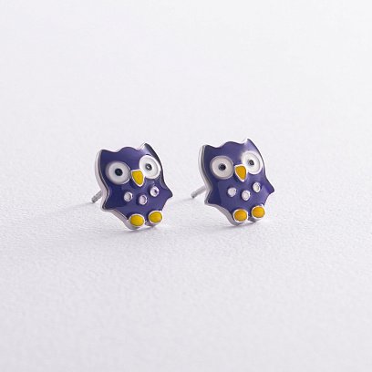 Детские серьги - пусеты "Совята" в серебре (эмаль) 448