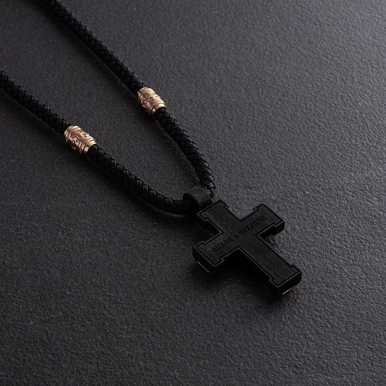 Чоловічий православний хрест "Розп'яття. Спаси та Збережи" на шнурі з ебенового дерева та золота кол02245 від ювелірного магазину Онікс - 9