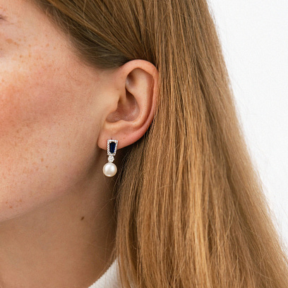 Срібні сережки з перлами, гідротерм. сапфірами та фіанітами 2488/1р-PWTNS №2