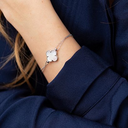 Срібний браслет "Конюшина" з перламутром 141629 №2