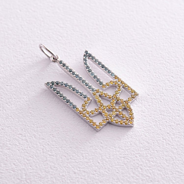 Золотий кулон "Герб України - Тризуб" з блакитними та жовтими діамантами 129951121 від ювелірного магазину Онікс