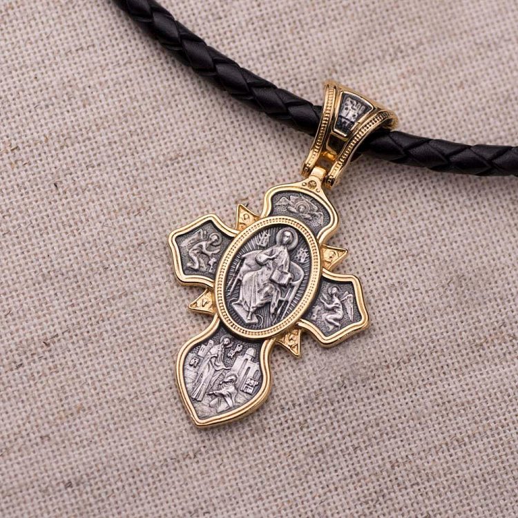 Серебряный крест «Святая Троица. Господь Вседержитель. Прп. Сергий Радонежский» с позолотой 132387 от ювелирного магазина Оникс