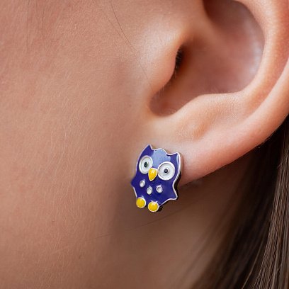 Детские серьги - пусеты "Совята" в серебре (эмаль) 448 №4