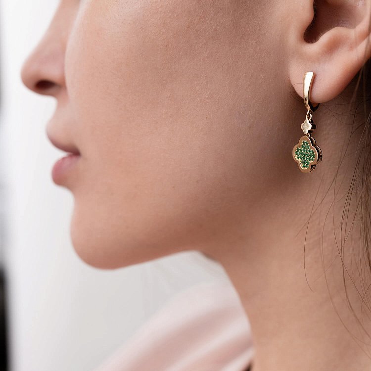 Сережки "Конюшина" в жовтому золоті (фіаніти) с07781 від ювелірного магазину Онікс - 3