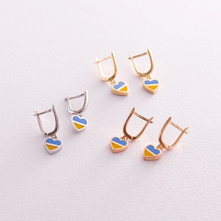 Серьги "С Украиной в сердце" в желтом золоте (голубая и желтая эмаль) с08097 от ювелирного магазина Оникс - 2