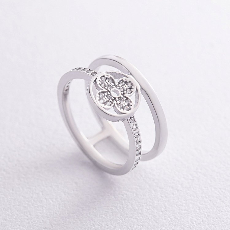 Каблучка "Конюшина" в білому золоті (фіаніти) к07442 від ювелірного магазину Онікс - 4