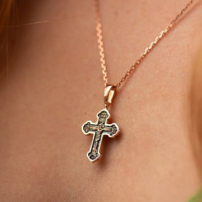 Золотой крестик "Распятие. Спаси и сохрани" с чернением п02991 №4