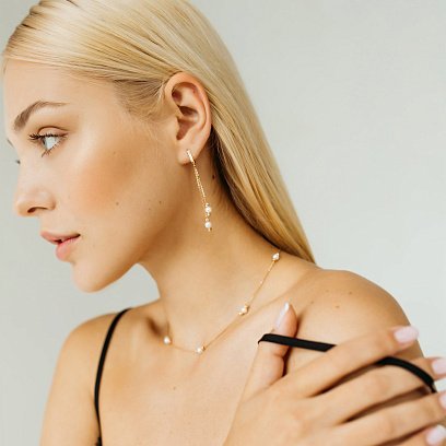 Золоті сережки Перли на ланцюжку с05677 №3