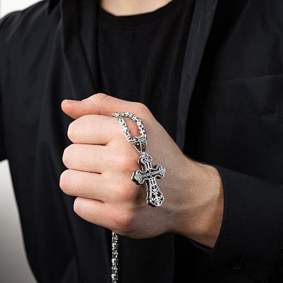 Серебряный крест "Распятие. Спаси и Сохрани" с эбеновым деревом 851 №6