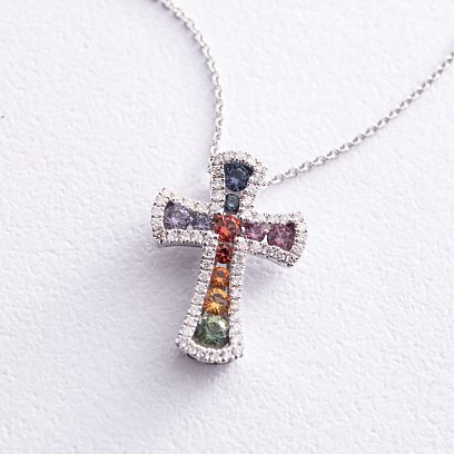 Золоте кольє з хрестиком (різнокольорові сапфіри та діаманти) колб0100mi