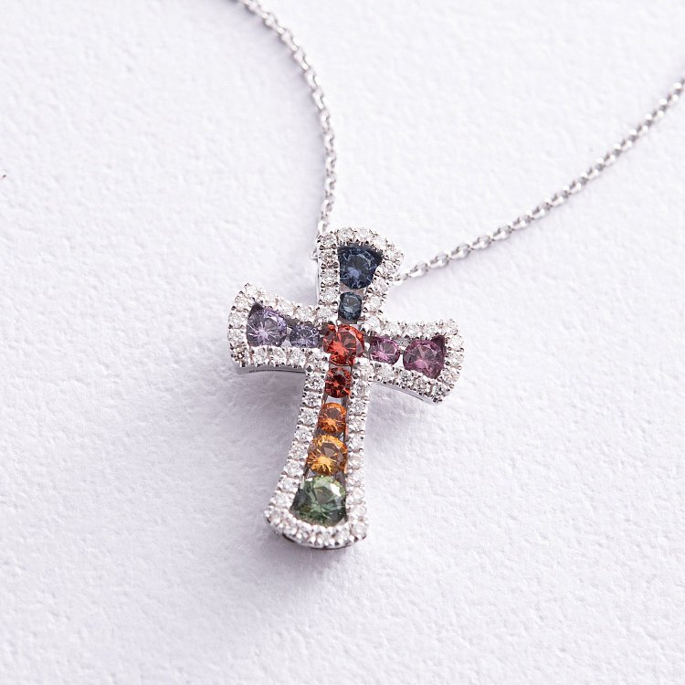 Золоте кольє з хрестиком (різнокольорові сапфіри та діаманти) колб0100mi від ювелірного магазину Онікс