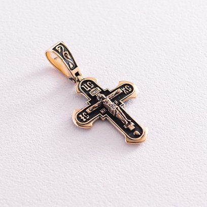 Православный крест "Распятие. Спаси и сохрани" в желтом золоте п03608