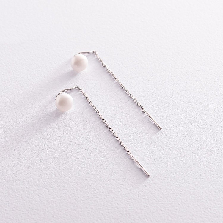 Серебряные серьги - протяжки с жемчугом 123104 от ювелирного магазина Оникс - 7