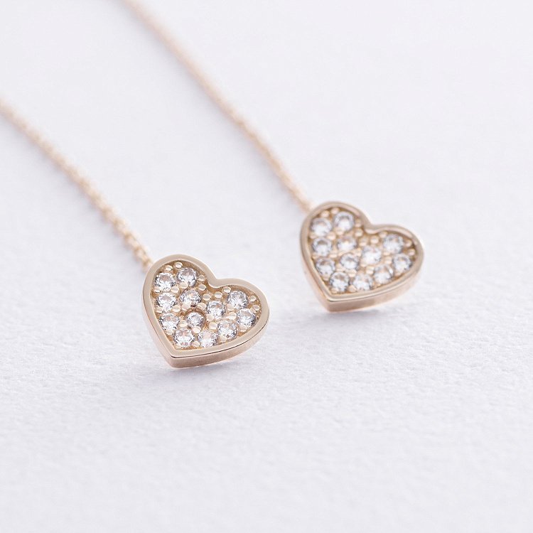 Серьги - протяжки "Сердечки" в желтом золоте (фианиты) с08069 от ювелирного магазина Оникс - 4