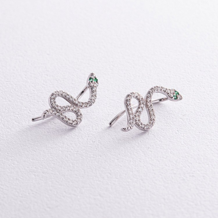 Сережки - клаймбери "Змії" у сріблі (фіаніти) 109410 від ювелірного магазину Онікс - 1