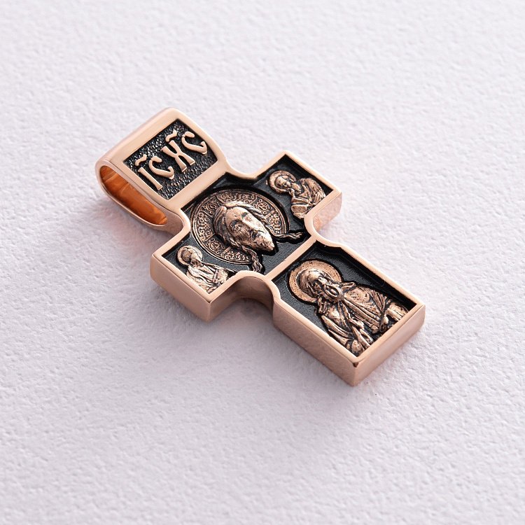 Золотой православный крест "Спас Нерукотворный. Святитель Николай Чудотворец. Георгий Победоносец" п03824 от ювелирного магазина Оникс