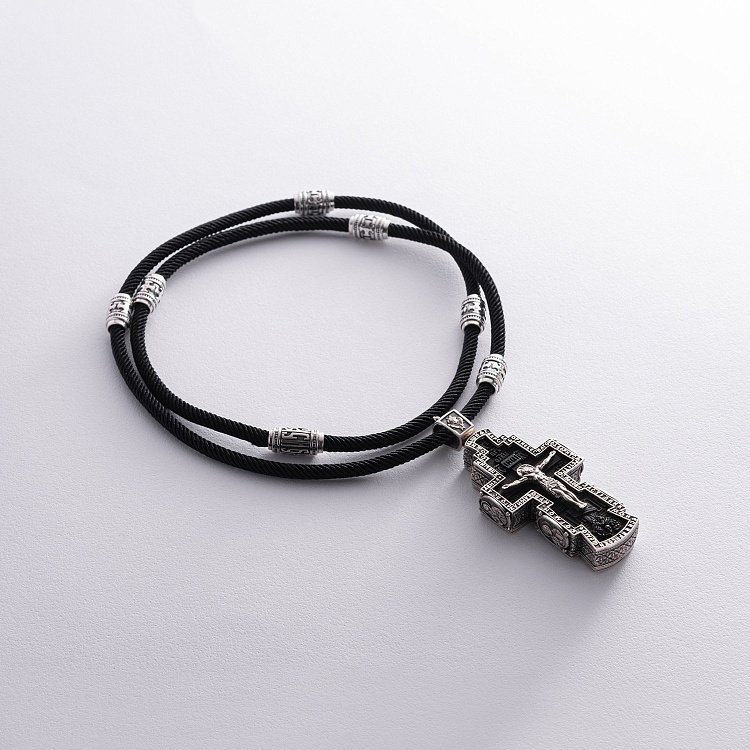 Чоловічий православний срібний хрест із ебенового дерева на шнурку 181263 від ювелірного магазину Онікс - 2