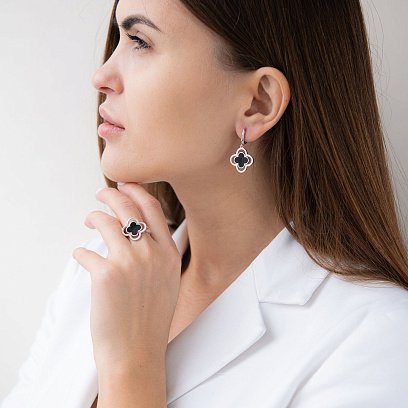 Серьги "Клевер" в белом золоте (эмаль) с07136 №2