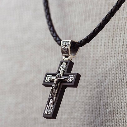 Серебряный крест "Распятие. Спаси и Сохрани" (на укр. языке) с эбеновым деревом mini 1340 №4