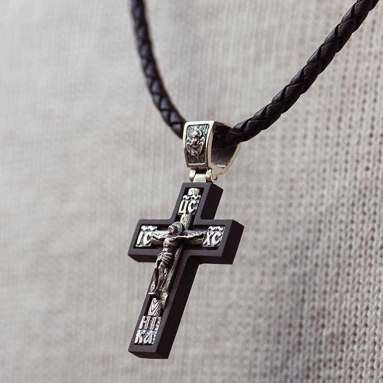 Серебряный крест "Распятие. Спаси и Сохрани" (на укр. языке) с эбеновым деревом mini 1340 от ювелирного магазина Оникс - 3