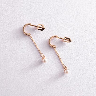 Золоті сережки - пусети "Міранда" з перлами на ланцюжку с07864