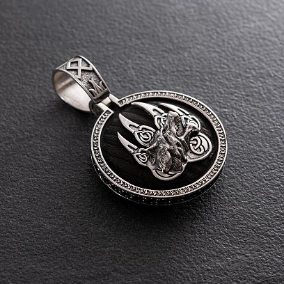 Срібний кулон "Вовк" із ебеновим деревом 946 №2