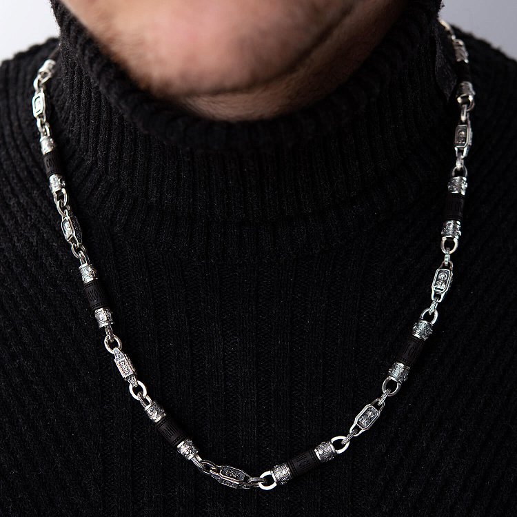 Мужская серебряная цепочка "Спаси и сохрани" с эбеновым деревом 629 от ювелирного магазина Оникс - 5