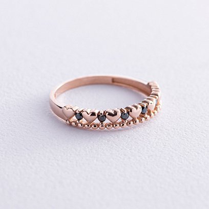 Золота каблучка "Сердечки" з чорними фіанітами к07046