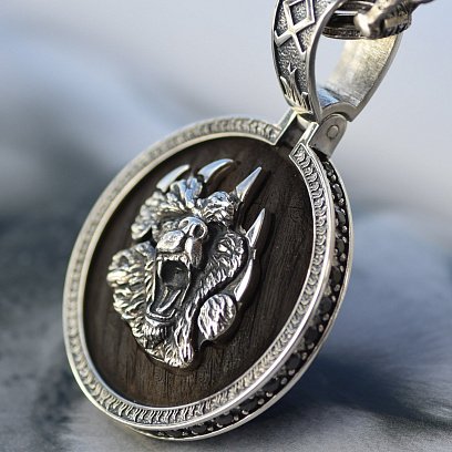 Срібний кулон "Ведмідь" з ебеновим деревом та фіанітами  947 №16