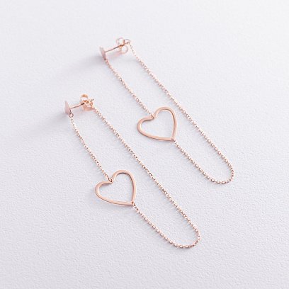 Золотые серьги - пусеты на цепочке "Сердечки" с05957