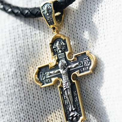 Православный серебряный крест "Распятие Христово. Спас Нерукотворный. Икона Божией Матери знамение. Святитель Николай" 133095 №4